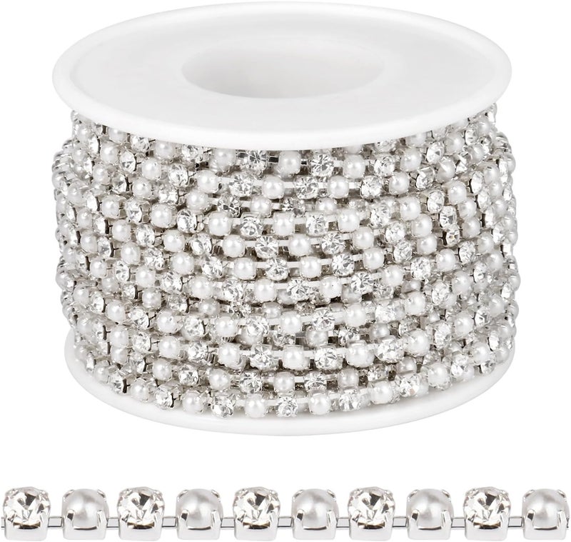 Ucevi 10 Yards Silver Pearl Rhinestone Trim Chain for Craft, 3MM Rhinestone Pearl Beaded Cup Chain Trim by Yard for Sewing DIY Crafts Jewelry Making Decoration - Image 1